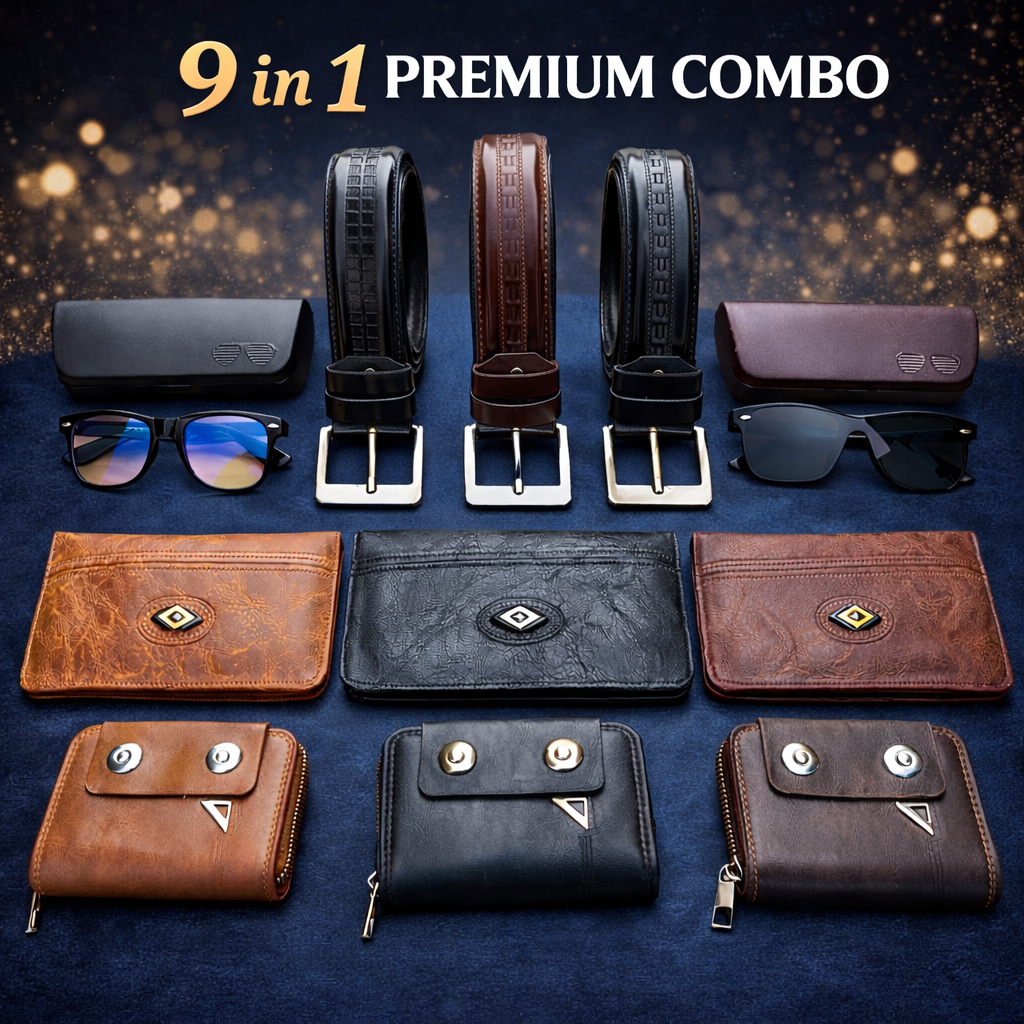 9 in 1 Combo Belt 3pcs Long Wallet, Dubble Button Wallet, 1 Glass, Blue Cut Glass, Box 2pcs