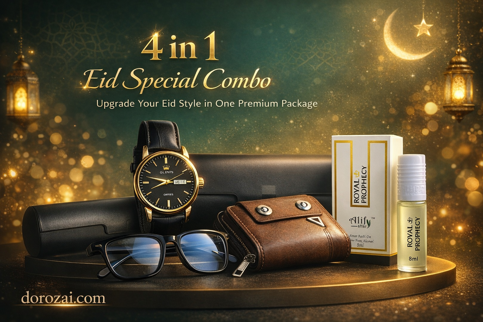 4 in 1 Combo Olives Watch, Button Wallet, Blue Cut & Alif Ator Offer