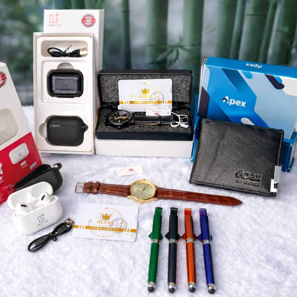 4 in 1 Combo Olevs Watch, One+ Airpods Pro, Apex Wallet, Mobile Holder Pen